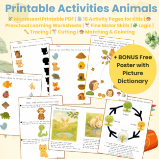 Montessori school worksheets Animals (Edition 1) + FREE GIFT